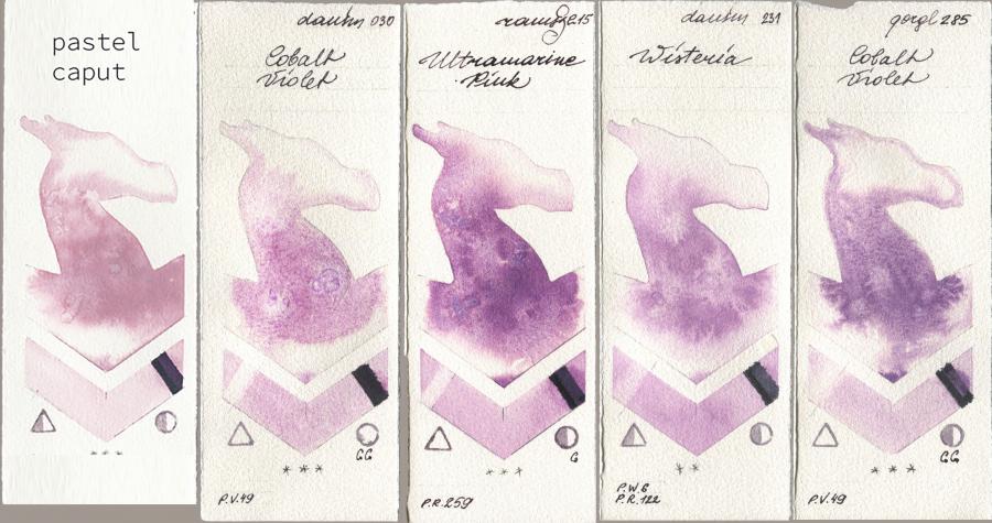 my 035 pastel caput, Daniel Smith 030 Cobalt Violet, Roman Szmal Aquarius 215 Ultramarine Pink, 231 Wisteria, Golden QOR 285 Cobalt Viol watercolor swatch