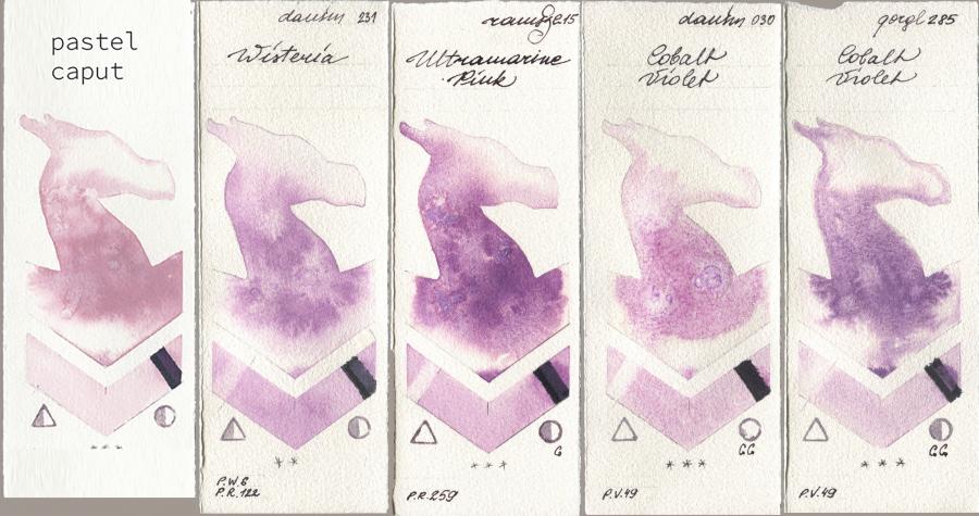 my 035 pastel caput, Daniel Smith 231 Wisteria, Roman Szmal Aquarius 215 Ultramarine Pink, 030 Cobalt Violet, Golden QOR 285 Cobalt Viol watercolor swatch