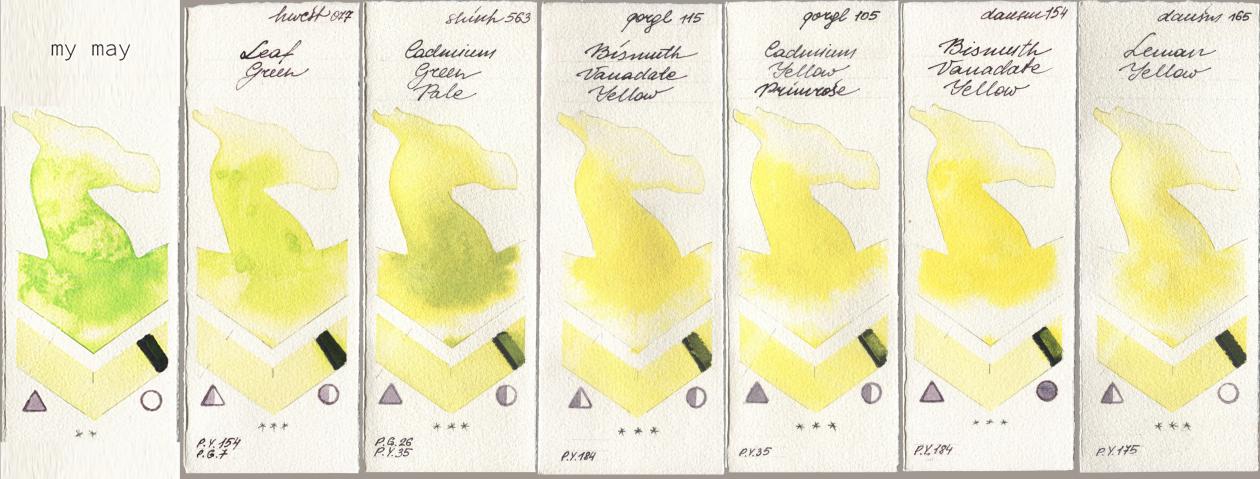 my 044 my may, Holbein Artists Watercolor 077 Leaf Green, Shinhan PWC 563 Cadmium Green Pale, Golden QOR 115 Bismuth Vanadate Yellow, 105 Cadmium Yellow Primrose, Daniel Smith 154 Bismuth Vanadate Yellow, 165 Lemon Yell watercolor swatch