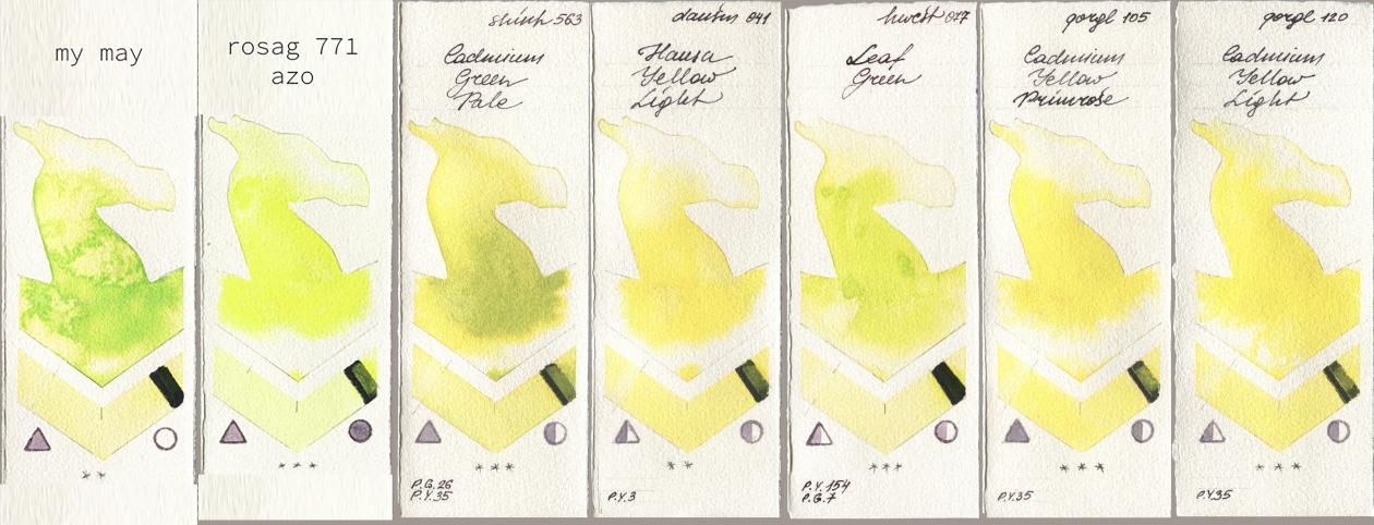my 044 my may, 771 my rosa azo, Shinhan PWC 563 Cadmium Green Pale, Daniel Smith 041 Hansa Yellow Light, Holbein Artists Watercolor 077 Leaf Green, Golden QOR 105 Cadmium Yellow Primrose, 120 Cadmium Yellow Lig watercolor swatch