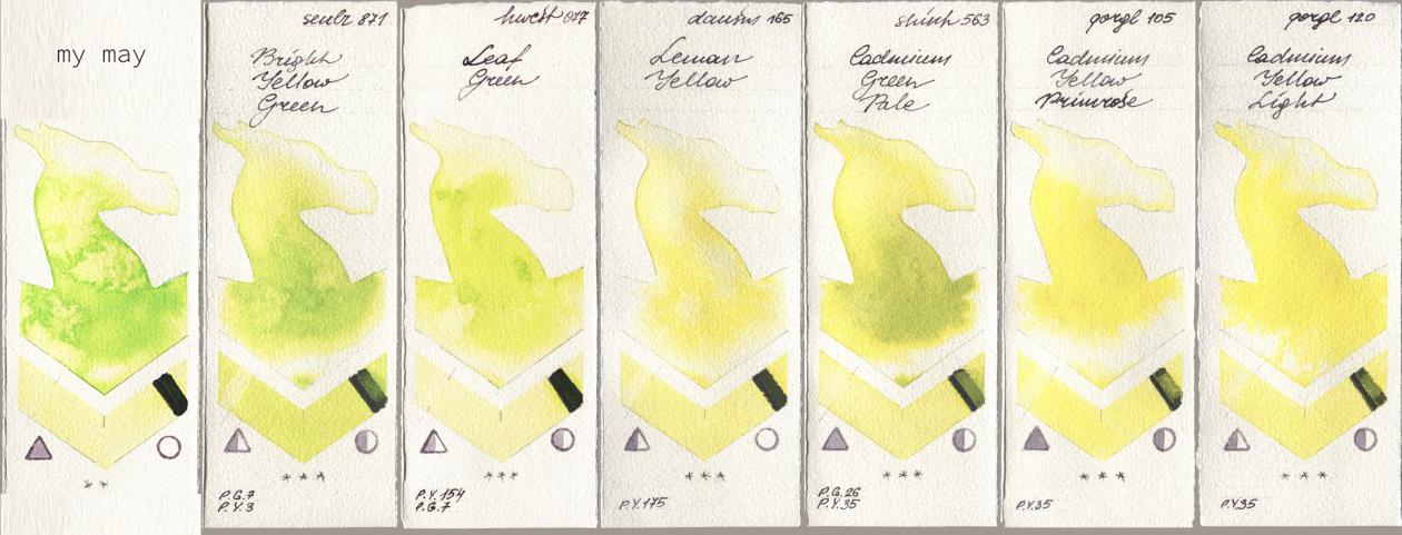 my 044 my may, Sennelier l Aquarelle 871 Bright Yellow Green, Holbein Artists Watercolor 077 Leaf Green, Daniel Smith 165 Lemon Yellow, Shinhan PWC 563 Cadmium Green Pale, Golden QOR 105 Cadmium Yellow Primrose, 120 Cadmium Yellow Lig watercolor swatch