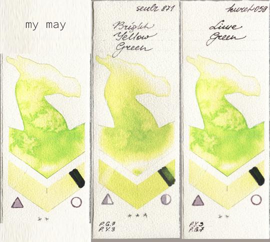 my 044 my may, Sennelier l Aquarelle 871 Bright Yellow Green, Kuretake Gansai Tambi 059 Lime Gre watercolor swatch