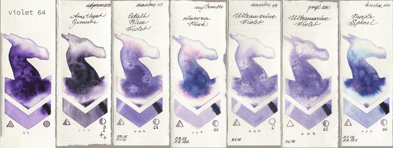my 064 violet64, Daniel Smith 203 Amethyst Genuine, 115 Cobalt Blue Violet, Mijello Mission Gold 814 Aurora Pink, 108 Ultramarine Violet, Golden QOR 290 Ultramarine Violet, Kusakabe 001 Purple Spin watercolor swatch