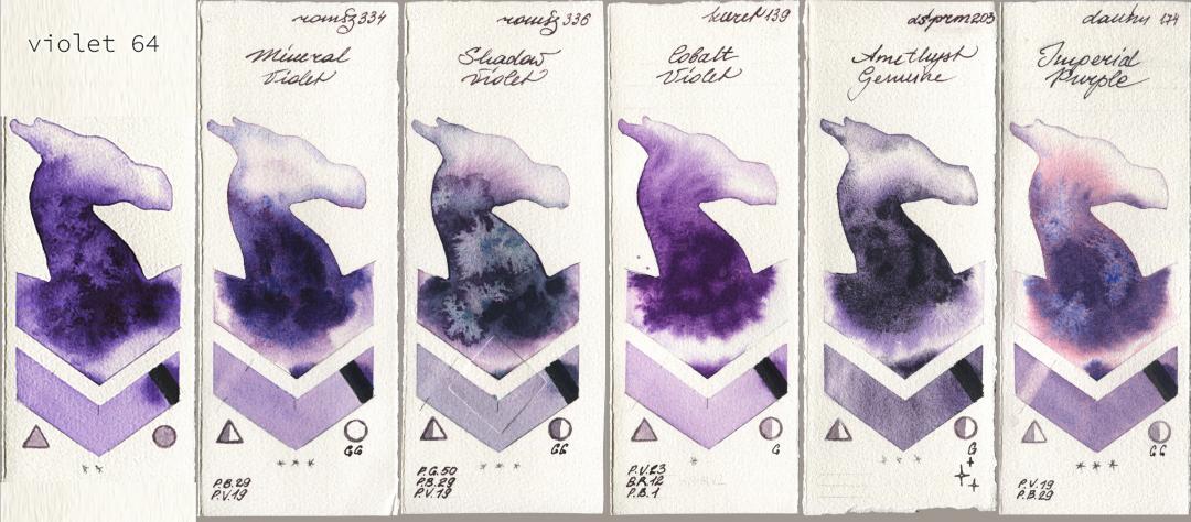 my 064 violet64, Roman Szmal Aquarius 334 Mineral Violet, 336 Shadow Violet, Kuretake Gansai Tambi 139 Cobalt Violet, Daniel Smith 203 Amethyst Genuine, 174 Imperial Purp watercolor swatch