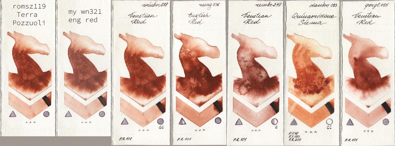 my 119 pozzuoli, 034 eng red, Winsor & Newton Professional 678 Venetian Red, Rosa Gallery 736 English Red, Royal Talens Rembrandt Watercolour 349 Venerian Red, Daniel Smith 093 Quinacridone Sienna, Golden QOR 465 Venetian R watercolor swatch