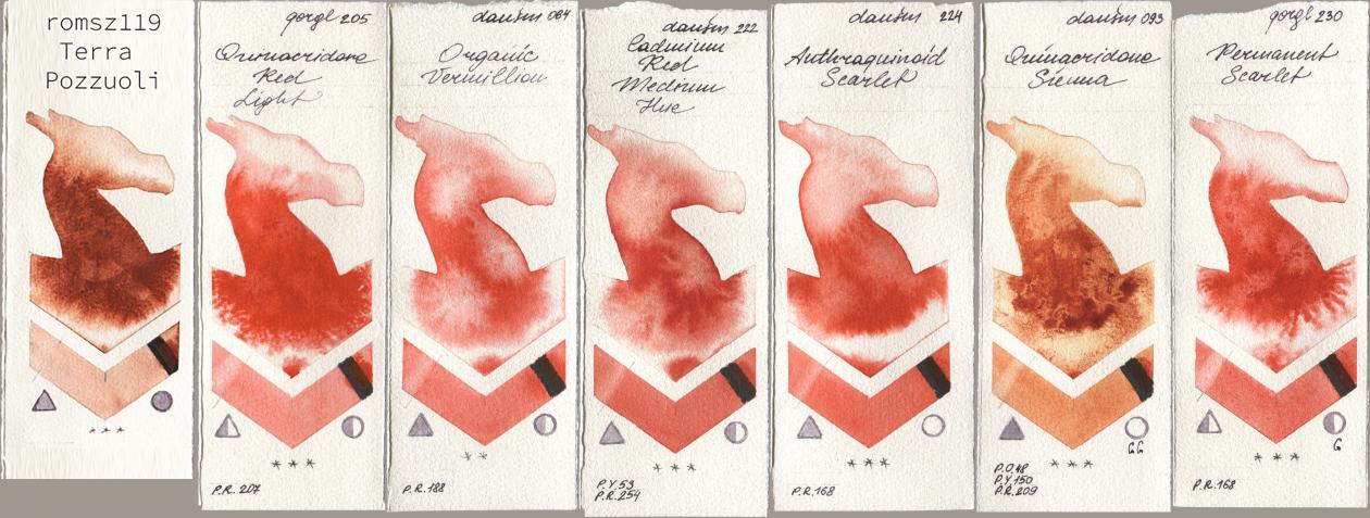 my 119 pozzuoli, Golden QOR 205 Quinacridone Red Light, Daniel Smith 064 Organic Vermilion, 222 Cadmium Red Medium Hue, 224 Anthraquinoid Scarlet, 093 Quinacridone Sienna, 230 Permanent Scarl watercolor swatch