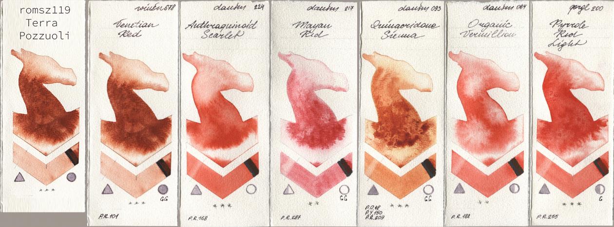my 119 pozzuoli, Winsor & Newton Professional 678 Venetian Red, Daniel Smith 224 Anthraquinoid Scarlet, 217 Mayan Red, 093 Quinacridone Sienna, 064 Organic Vermilion, Golden QOR 200 Pyrrole Red Lig watercolor swatch