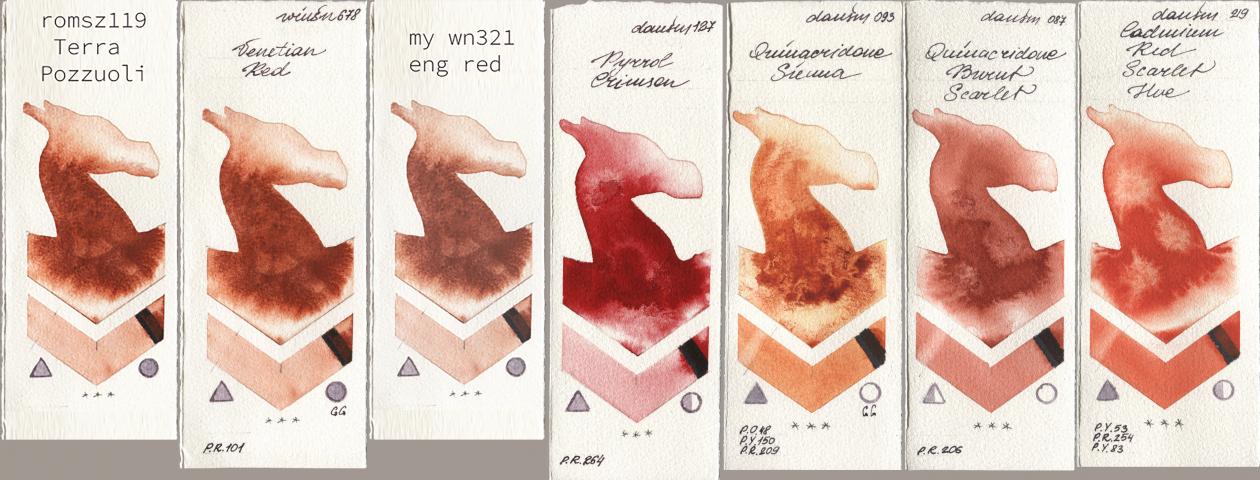 my 119 pozzuoli, Winsor & Newton Professional 678 Venetian Red, 034 eng red, Daniel Smith 127 Pyrrol Crimson, 093 Quinacridone Sienna, 087 Quinacridone Burnt Scarlet, 219 Cadmium Red Scarlet H watercolor swatch