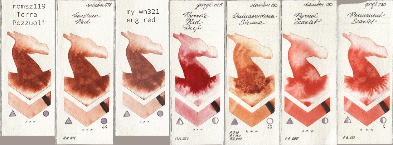my 119 pozzuoli, Winsor & Newton Professional 678 Venetian Red, 034 eng red, Golden QOR 225 Pyrrole Red Deep, Daniel Smith 093 Quinacridone Sienna, 085 Pyrrol Scarlet, 230 Permanent Scarl watercolor swatch