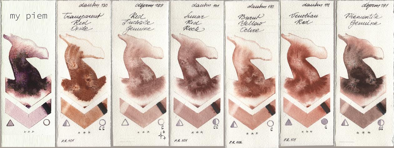 my 191 piem, Daniel Smith 130 Transparent Red Oxide, 189 Red Fuchsite Genuine, 141 Lunar Red Rock, 170 Burnt Yellow Ochre, 111 Venetian Red, 191 Piemontite Genui watercolor swatch