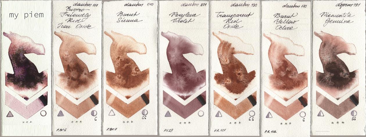 my 191 piem, Daniel Smith 177 Enviro-Friendly Red Iron Oxide, 010 Burnt Sienna, 201 Perylene Violet, 130 Transparent Red Oxide, 170 Burnt Yellow Ochre, 191 Piemontite Genui watercolor swatch