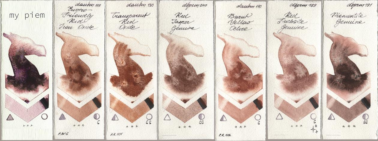 my 191 piem, Daniel Smith 177 Enviro-Friendly Red Iron Oxide, 130 Transparent Red Oxide, 240 Red Jasper Genuine, 170 Burnt Yellow Ochre, 189 Red Fuchsite Genuine, 191 Piemontite Genui watercolor swatch