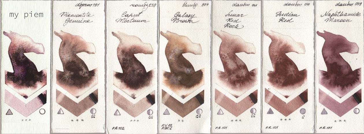 my 191 piem, Daniel Smith 191 Piemontite Genuine, Roman Szmal Aquarius 239 Caput Mortuum, Shminke Horadam Aquarell 974 Galaxy Brown, 141 Lunar Red Rock, 044 Indian Red, 059 Naphthamide Maro watercolor swatch