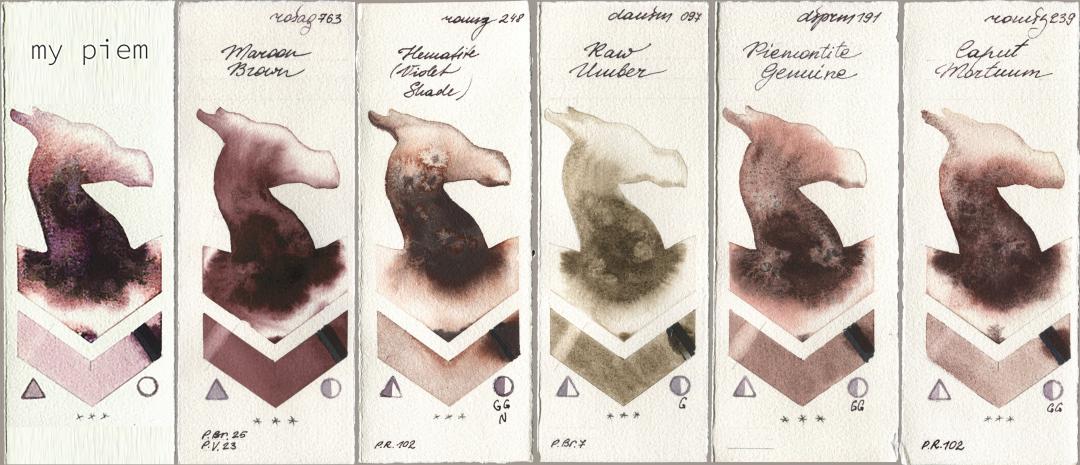 my 191 piem, Rosa Gallery 763 Maroon Brown, Roman Szmal Aquarius 248 Hematite (Violet Shade), Daniel Smith 097 Raw Umber, 191 Piemontite Genuine, 239 Caput Mortu watercolor swatch