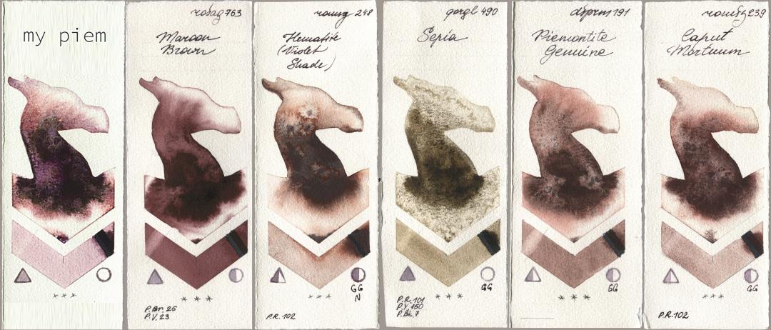 my 191 piem, Rosa Gallery 763 Maroon Brown, Roman Szmal Aquarius 248 Hematite (Violet Shade), Golden QOR 490 Sepia, Daniel Smith 191 Piemontite Genuine, 239 Caput Mortu watercolor swatch