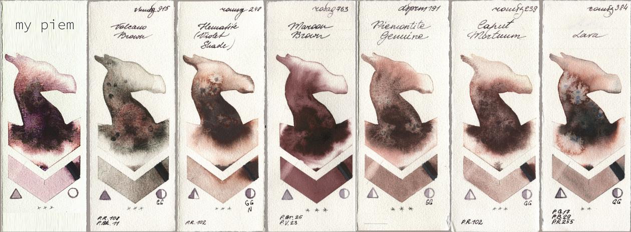 my 191 piem, Shminke Horadam Aquarell 915 Volcano Brown, Roman Szmal Aquarius 248 Hematite (Violet Shade), Rosa Gallery 763 Maroon Brown, Daniel Smith 191 Piemontite Genuine, 239 Caput Mortuum, 384 La watercolor swatch