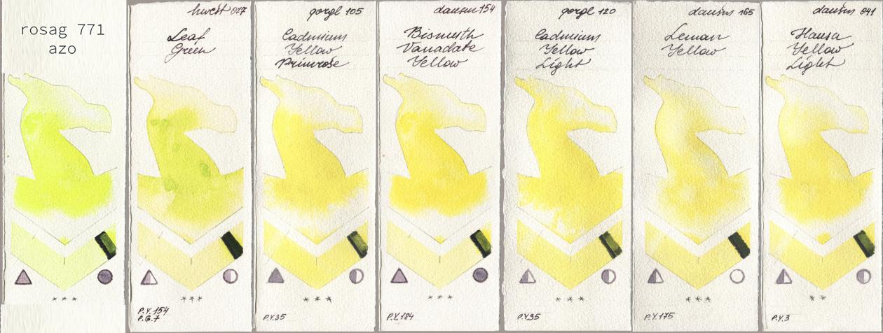 my 771 my rosa azo, Holbein Artists Watercolor 077 Leaf Green, Golden QOR 105 Cadmium Yellow Primrose, Daniel Smith 154 Bismuth Vanadate Yellow, 120 Cadmium Yellow Light, 165 Lemon Yellow, 041 Hansa Yellow Lig watercolor swatch