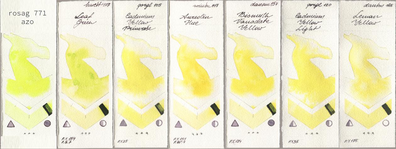 my 771 my rosa azo, Holbein Artists Watercolor 077 Leaf Green, Golden QOR 105 Cadmium Yellow Primrose, Winsor & Newton Professional 417 Aureolin Hue, Daniel Smith 154 Bismuth Vanadate Yellow, 120 Cadmium Yellow Light, 165 Lemon Yell watercolor swatch