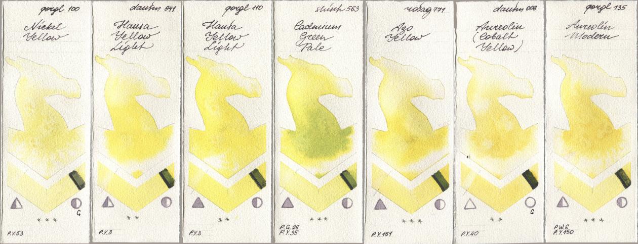 Golden QOR 100 Nickel Yellow, Daniel Smith 041 Hansa Yellow Light, 110 Hansa Yellow Light, Shinhan PWC 563 Cadmium Green Pale, Rosa Gallery 771 Azo Yellow, 006 Aureolin (Cobalt Yellow), 135 Aureolin Mode watercolor swatch