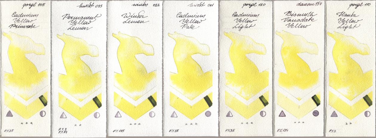 Golden QOR 105 Cadmium Yellow Primrose, Holbein Artists Watercolor 035 Permanent Yellow Lemon, Winsor & Newton Professional 722 Winsor Lemon, 041 Cadmium Yellow Pale, 120 Cadmium Yellow Light, Daniel Smith 154 Bismuth Vanadate Yellow, 110 Hansa Yellow Lig watercolor swatch