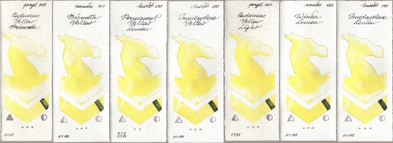 Golden QOR 105 Cadmium Yellow Primrose, Winsor & Newton Professional 025 Bismuth Yellow, Holbein Artists Watercolor 035 Permanent Yellow Lemon, 050 Imidazolone Yellow, 120 Cadmium Yellow Light, 722 Winsor Lemon, 051 Imidazolone Lem watercolor swatch