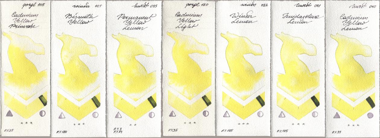 Golden QOR 105 Cadmium Yellow Primrose, Winsor & Newton Professional 025 Bismuth Yellow, Holbein Artists Watercolor 035 Permanent Yellow Lemon, 120 Cadmium Yellow Light, 722 Winsor Lemon, 051 Imidazolone Lemon, 040 Cadmium Yellow Lem watercolor swatch