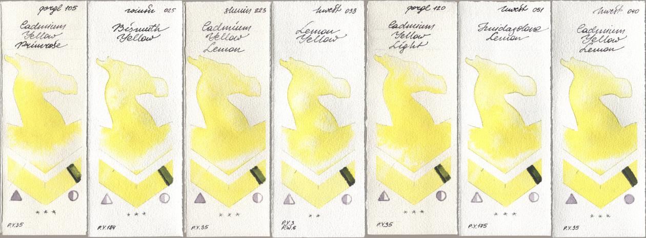 Golden QOR 105 Cadmium Yellow Primrose, Winsor & Newton Professional 025 Bismuth Yellow, Shminke Horadam Aquarell 223 Cadmium Yellow Lemon, Holbein Artists Watercolor 033 Lemon Yellow, 120 Cadmium Yellow Light, 051 Imidazolone Lemon, 040 Cadmium Yellow Lem watercolor swatch