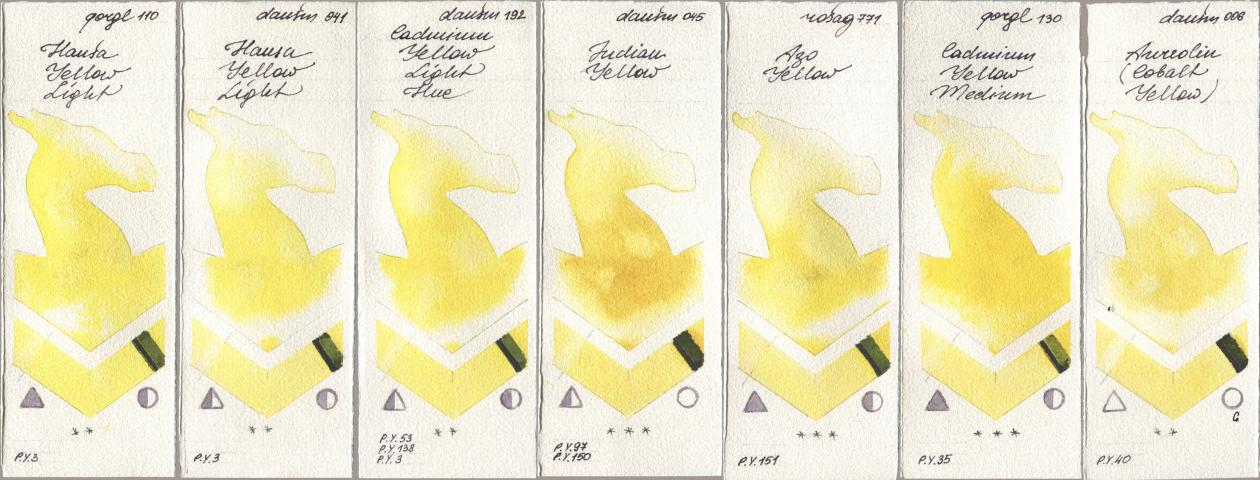 Golden QOR 110 Hansa Yellow Light, Daniel Smith 041 Hansa Yellow Light, 192 Cadmium Yellow Light Hue, 045 Indian Yellow, Rosa Gallery 771 Azo Yellow, 130 Cadmium Yellow Medium, 006 Aureolin (Cobalt Yello watercolor swatch