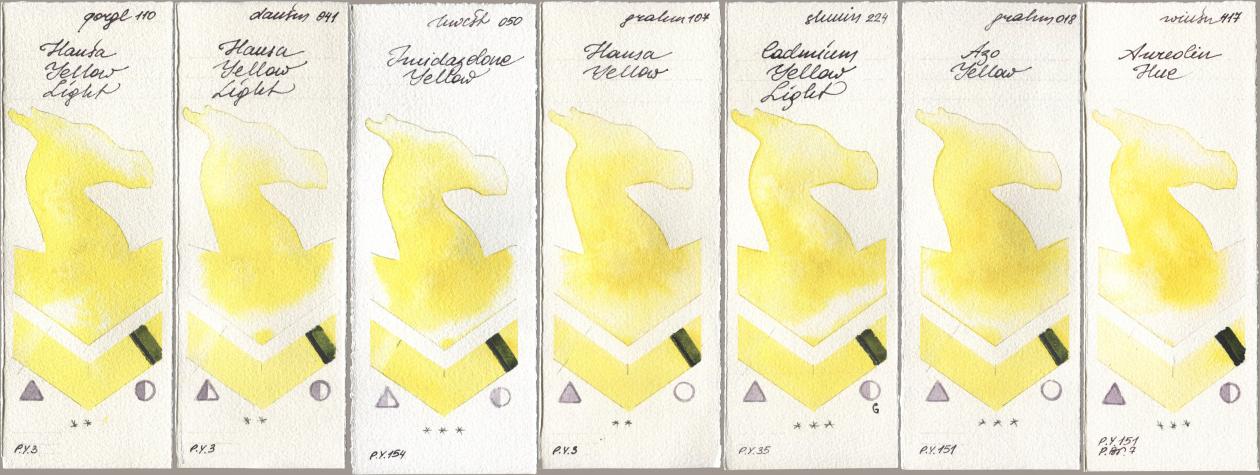 Golden QOR 110 Hansa Yellow Light, Daniel Smith 041 Hansa Yellow Light, Holbein Artists Watercolor 050 Imidazolone Yellow, M. Graham & Co. Artists 107 Hansa Yellow, Shminke Horadam Aquarell 224 Cadmium Yellow Light, 018 Azo Yellow, Winsor & Newton Professional 417 Aureolin H watercolor swatch