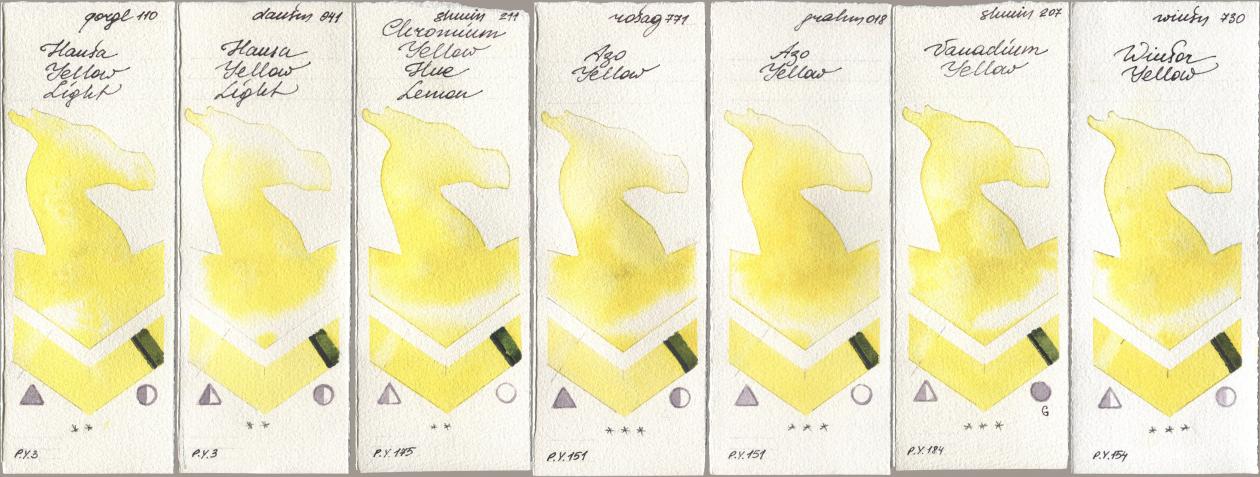 Golden QOR 110 Hansa Yellow Light, Daniel Smith 041 Hansa Yellow Light, Shminke Horadam Aquarell 211 Chromium Yellow Hue Lemon, Rosa Gallery 771 Azo Yellow, M. Graham & Co. Artists 018 Azo Yellow, 207 Vanadium Yellow, Winsor & Newton Professional 730 Winsor Yell watercolor swatch