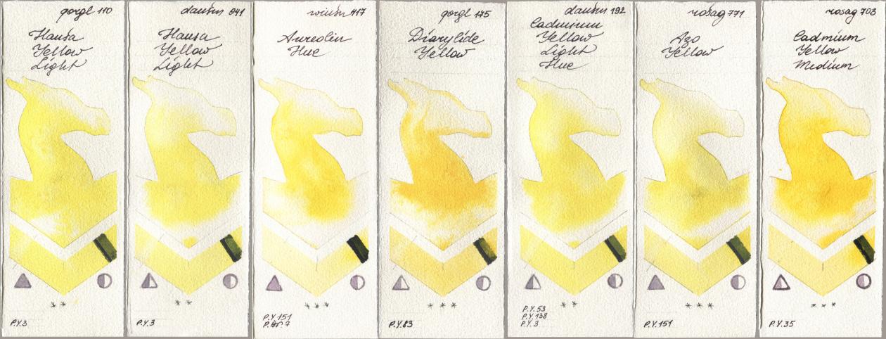 Golden QOR 110 Hansa Yellow Light, Daniel Smith 041 Hansa Yellow Light, Winsor & Newton Professional 417 Aureolin Hue, 175 Diarylide Yellow, 192 Cadmium Yellow Light Hue, Rosa Gallery 771 Azo Yellow, 703 Cadmium Yellow Medi watercolor swatch