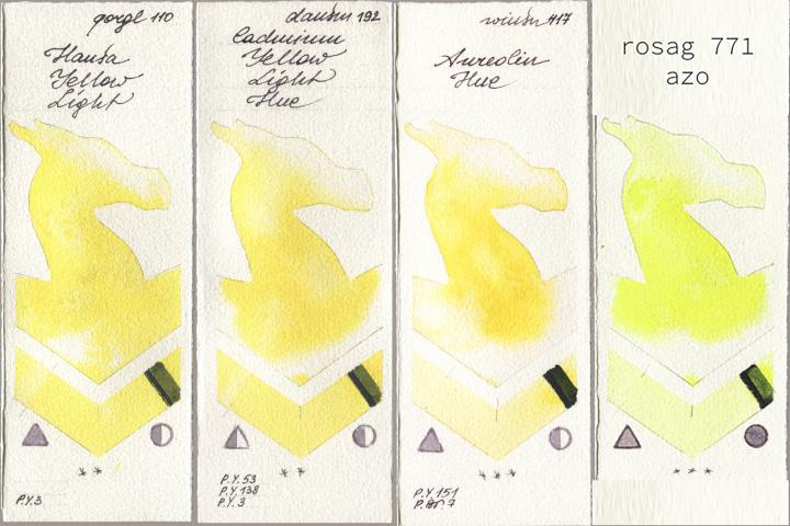 Golden QOR 110 Hansa Yellow Light, Daniel Smith 192 Cadmium Yellow Light Hue, Winsor & Newton Professional 417 Aureolin Hue, my 771 my rosa a watercolor swatch