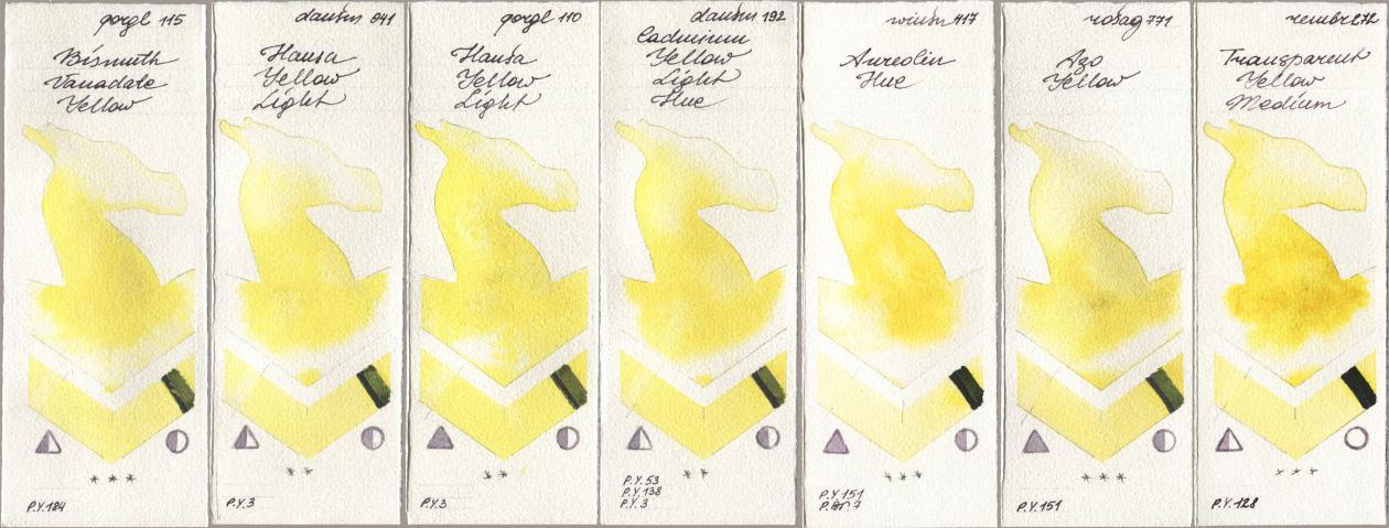 Golden QOR 115 Bismuth Vanadate Yellow, Daniel Smith 041 Hansa Yellow Light, 110 Hansa Yellow Light, 192 Cadmium Yellow Light Hue, Winsor & Newton Professional 417 Aureolin Hue, Rosa Gallery 771 Azo Yellow, Royal Talens Rembrandt Watercolour 272 Transparent Yellow Medi watercolor swatch