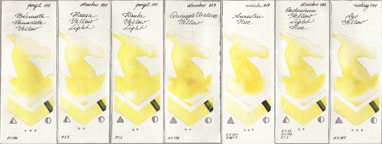 Golden QOR 115 Bismuth Vanadate Yellow, Daniel Smith 041 Hansa Yellow Light, 110 Hansa Yellow Light, 223 Quinophthalone Yellow, Winsor & Newton Professional 417 Aureolin Hue, 192 Cadmium Yellow Light Hue, Rosa Gallery 771 Azo Yell watercolor swatch