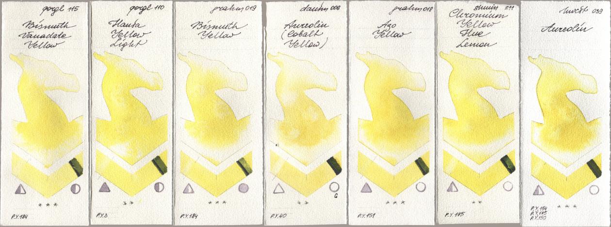 Golden QOR 115 Bismuth Vanadate Yellow, 110 Hansa Yellow Light, M. Graham & Co. Artists 019 Bismuth Yellow, Daniel Smith 006 Aureolin (Cobalt Yellow), 018 Azo Yellow, Shminke Horadam Aquarell 211 Chromium Yellow Hue Lemon, Holbein Artists Watercolor 039 Aureol watercolor swatch