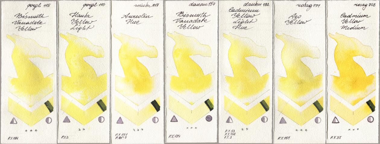 Golden QOR 115 Bismuth Vanadate Yellow, 110 Hansa Yellow Light, Winsor & Newton Professional 417 Aureolin Hue, Daniel Smith 154 Bismuth Vanadate Yellow, 192 Cadmium Yellow Light Hue, Rosa Gallery 771 Azo Yellow, 703 Cadmium Yellow Medi watercolor swatch