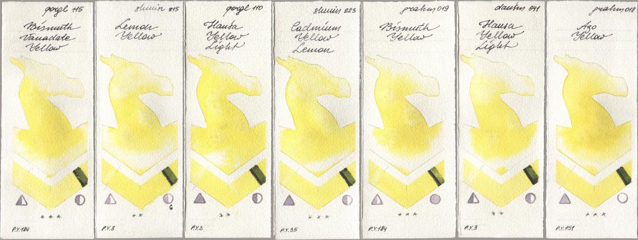 Golden QOR 115 Bismuth Vanadate Yellow, Shminke Horadam Aquarell 215 Lemon Yellow, 110 Hansa Yellow Light, 223 Cadmium Yellow Lemon, M. Graham & Co. Artists 019 Bismuth Yellow, Daniel Smith 041 Hansa Yellow Light, 018 Azo Yell watercolor swatch