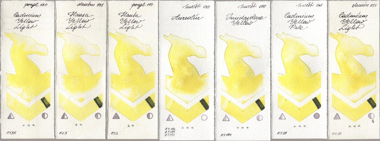 Golden QOR 120 Cadmium Yellow Light, Daniel Smith 041 Hansa Yellow Light, 110 Hansa Yellow Light, Holbein Artists Watercolor 039 Aureolin, 050 Imidazolone Yellow, 041 Cadmium Yellow Pale, Shminke Horadam Aquarell 224 Cadmium Yellow Lig watercolor swatch
