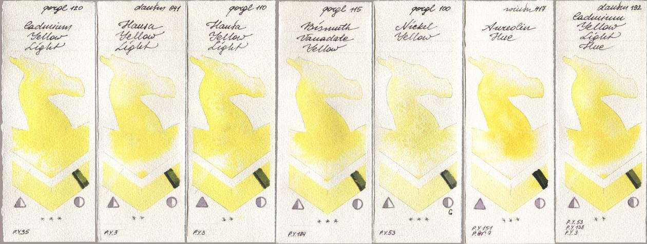 Golden QOR 120 Cadmium Yellow Light, Daniel Smith 041 Hansa Yellow Light, 110 Hansa Yellow Light, 115 Bismuth Vanadate Yellow, 100 Nickel Yellow, Winsor & Newton Professional 417 Aureolin Hue, 192 Cadmium Yellow Light H watercolor swatch