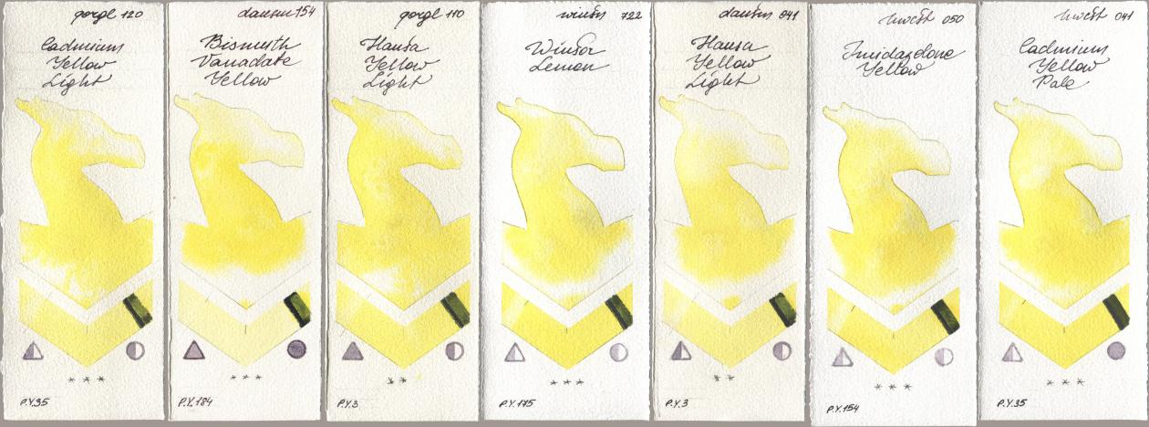 Golden QOR 120 Cadmium Yellow Light, Daniel Smith 154 Bismuth Vanadate Yellow, 110 Hansa Yellow Light, Winsor & Newton Professional 722 Winsor Lemon, 041 Hansa Yellow Light, Holbein Artists Watercolor 050 Imidazolone Yellow, 041 Cadmium Yellow Pa watercolor swatch