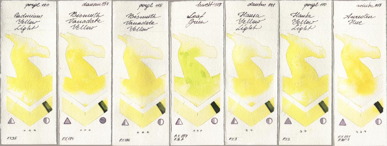 Golden QOR 120 Cadmium Yellow Light, Daniel Smith 154 Bismuth Vanadate Yellow, 115 Bismuth Vanadate Yellow, Holbein Artists Watercolor 077 Leaf Green, 041 Hansa Yellow Light, 110 Hansa Yellow Light, Winsor & Newton Professional 417 Aureolin H watercolor swatch
