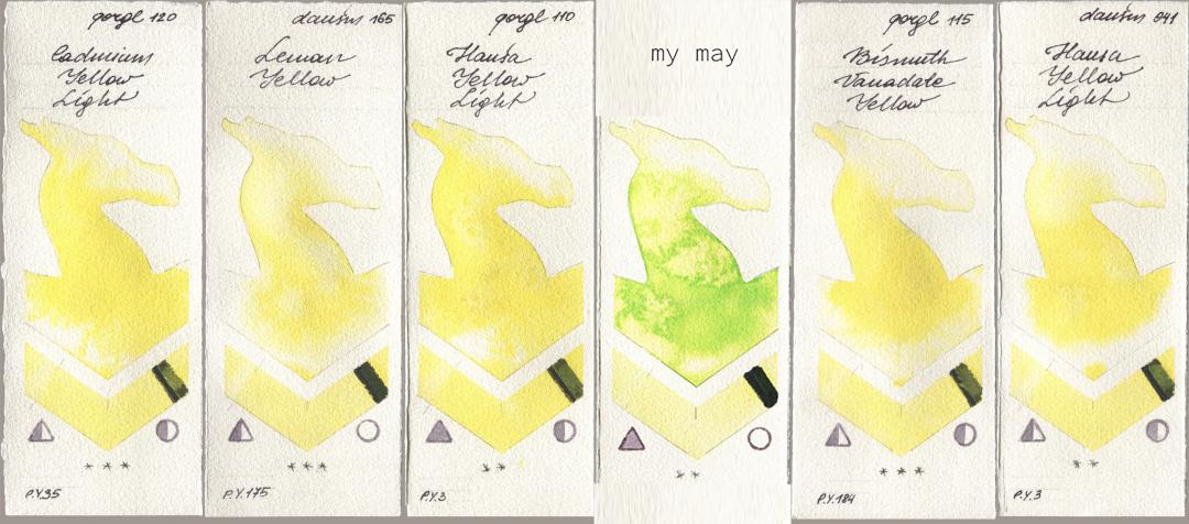 Golden QOR 120 Cadmium Yellow Light, Daniel Smith 165 Lemon Yellow, 110 Hansa Yellow Light, my 044 my may, 115 Bismuth Vanadate Yellow, 041 Hansa Yellow Lig watercolor swatch