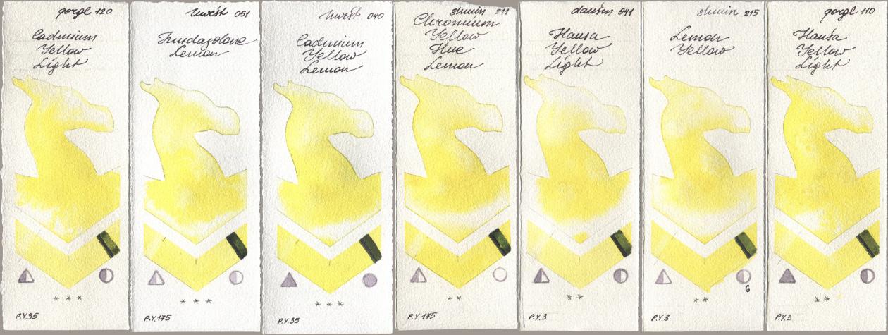 Golden QOR 120 Cadmium Yellow Light, Holbein Artists Watercolor 051 Imidazolone Lemon, 040 Cadmium Yellow Lemon, Shminke Horadam Aquarell 211 Chromium Yellow Hue Lemon, Daniel Smith 041 Hansa Yellow Light, 215 Lemon Yellow, 110 Hansa Yellow Lig watercolor swatch