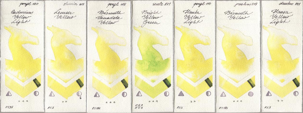 Golden QOR 120 Cadmium Yellow Light, Shminke Horadam Aquarell 215 Lemon Yellow, 115 Bismuth Vanadate Yellow, Sennelier l Aquarelle 871 Bright Yellow Green, 110 Hansa Yellow Light, M. Graham & Co. Artists 019 Bismuth Yellow, Daniel Smith 041 Hansa Yellow Lig watercolor swatch