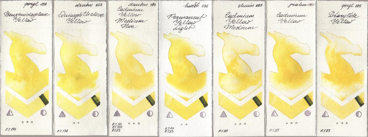 Golden QOR 126 Benzimidazolone Yellow, Daniel Smith 223 Quinophthalone Yellow, 184 Cadmium Yellow Medium Hue, Holbein Artists Watercolor 036 Permanent Yellow Light, Shminke Horadam Aquarell 225 Cadmium Yellow Medium, M. Graham & Co. Artists 060 Cadmium Yellow, 175 Diarylide Yell watercolor swatch