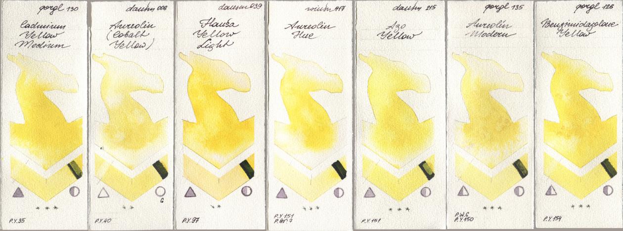 Golden QOR 130 Cadmium Yellow Medium, Daniel Smith 006 Aureolin (Cobalt Yellow), 039 Hansa Yellow Light, Winsor & Newton Professional 417 Aureolin Hue, 215 Azo Yellow, 135 Aureolin Modern, 126 Benzimidazolone Yell watercolor swatch