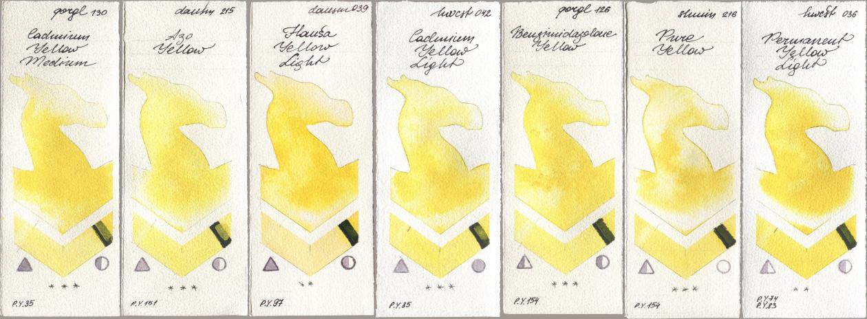 Golden QOR 130 Cadmium Yellow Medium, Daniel Smith 215 Azo Yellow, 039 Hansa Yellow Light, Holbein Artists Watercolor 042 Cadmium Yellow Light, 126 Benzimidazolone Yellow, Shminke Horadam Aquarell 216 Pure Yellow, 036 Permanent Yellow Lig watercolor swatch