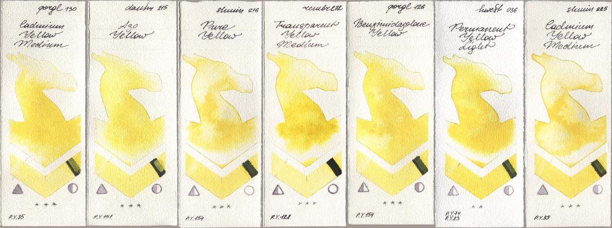 Golden QOR 130 Cadmium Yellow Medium, Daniel Smith 215 Azo Yellow, Shminke Horadam Aquarell 216 Pure Yellow, Royal Talens Rembrandt Watercolour 272 Transparent Yellow Medium, 126 Benzimidazolone Yellow, Holbein Artists Watercolor 036 Permanent Yellow Light, 225 Cadmium Yellow Medi watercolor swatch