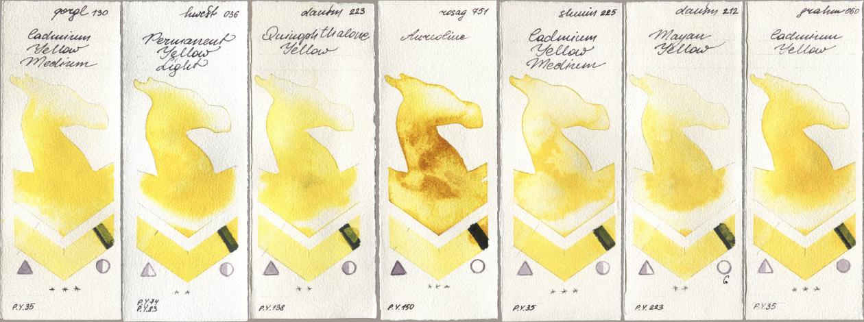 Golden QOR 130 Cadmium Yellow Medium, Holbein Artists Watercolor 036 Permanent Yellow Light, Daniel Smith 223 Quinophthalone Yellow, Rosa Gallery 751 Aureoline, Shminke Horadam Aquarell 225 Cadmium Yellow Medium, 212 Mayan Yellow, M. Graham & Co. Artists 060 Cadmium Yell watercolor swatch