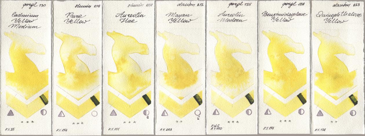 Golden QOR 130 Cadmium Yellow Medium, Shminke Horadam Aquarell 216 Pure Yellow, 208 Aureolin Hue, Daniel Smith 212 Mayan Yellow, 135 Aureolin Modern, 126 Benzimidazolone Yellow, 223 Quinophthalone Yell watercolor swatch